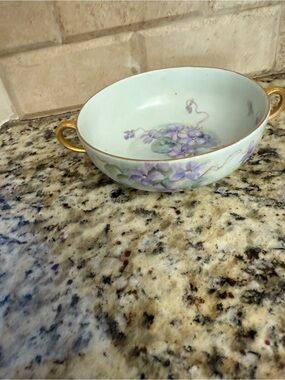 Hand-Painted Floral Porcelain Two-Handled Bowl - Lavender Violets